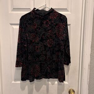 Chicos Velvet Burnout Floral Sheer Lined Mock Neck 3/4 Sleeve Blouse Size XL Top